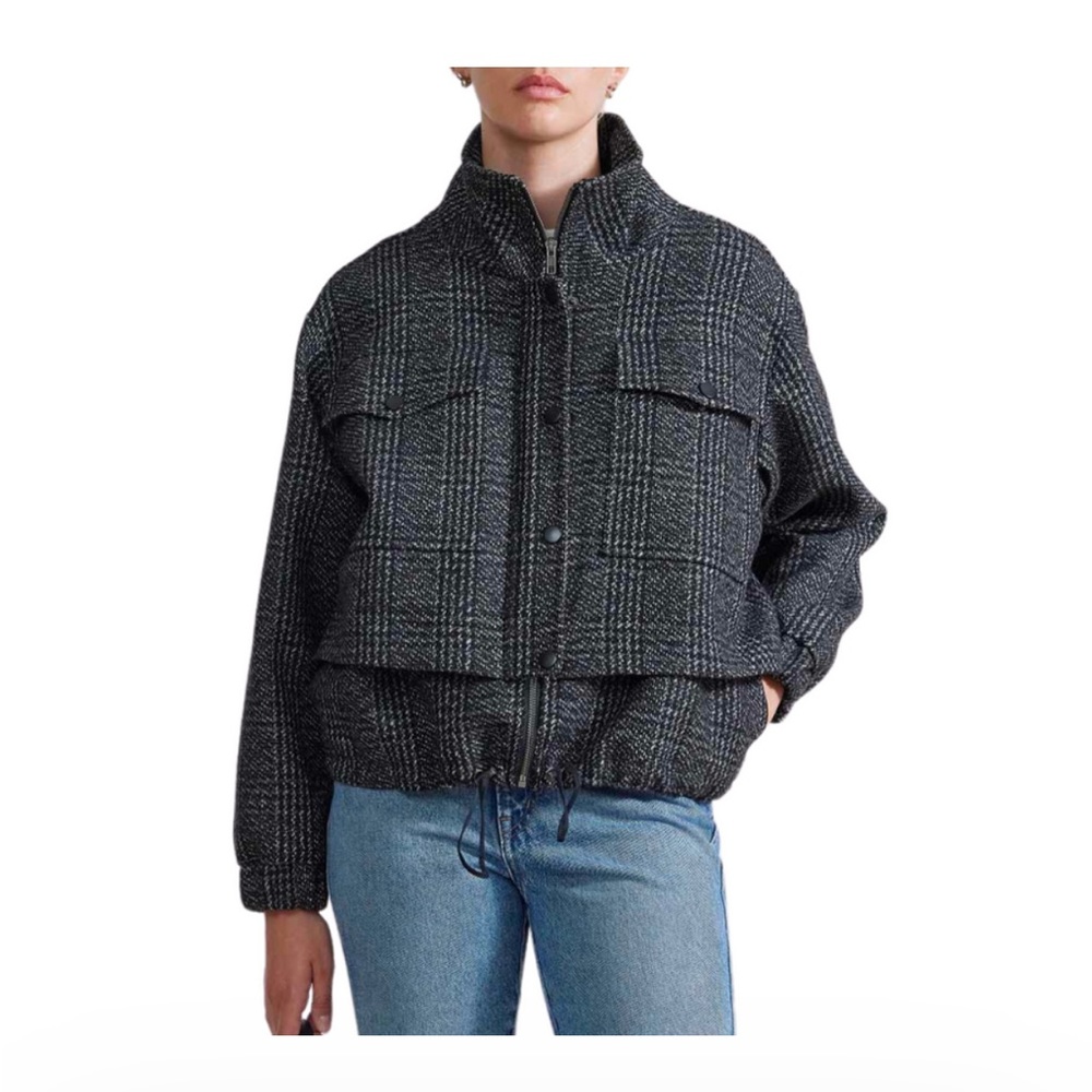 Apiece Apart Selva Cropped Bomber, Plaid Black, Size XS